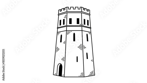 A black and white line drawing of a medieval style tower with a door and windows