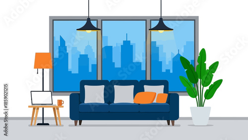 Cozy Modern Living Room with Sofa, Laptop, and City View