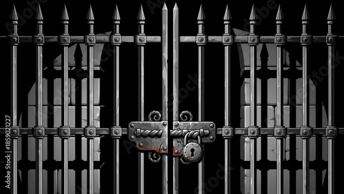 A large metal gate with a padlock on a chain in front of a dark background with sharp pointed tips on the fence posts
