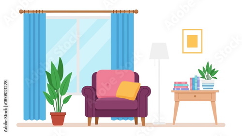 Cozy Reading Nook with Comfortable Armchair, Indoor Plants, and Bright Window