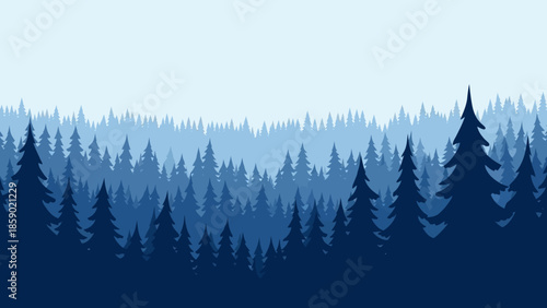 Serene forest landscape with layers of blue pine trees creating a sense of depth and tranquility in nature