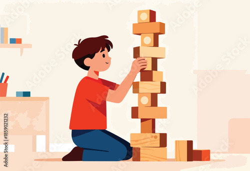 Young boy building a tall tower with wooden blocks in a room
