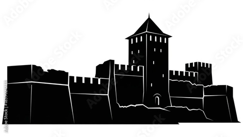 A black silhouette of a medieval castle with a tall tower and battlements