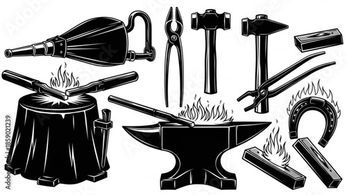 Black and white illustration of various blacksmithing tools and equipment