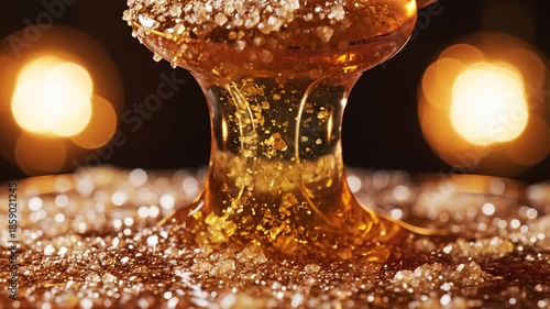 Honey Dripping From Spoon Covered With Sugar Macro Close-Up Shot
