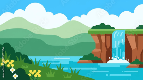 Vibrant Flat Design Illustration of a Waterfall Cascading into a Serene River Surrounded by Lush Greenery and Rolling Hills Under a Cloudy Sky
