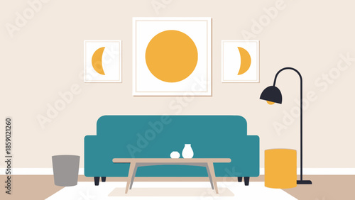Modern Living Room with Teal Sofa and Abstract Sun Artwork