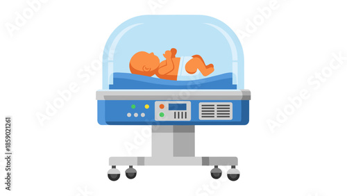 Baby in incubator with medical equipment