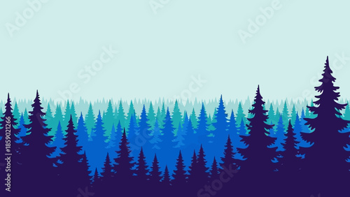 Stylized Blue Forest Silhouette with a Layered Canopy Under a Pale Sky