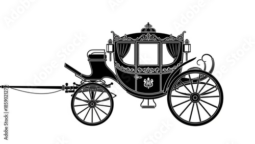 Elegant black horse drawn carriage with intricate designs and large wheels