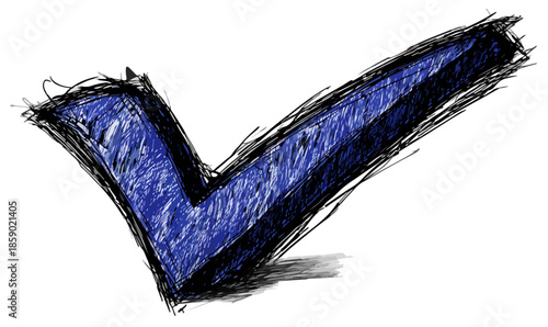 Eine handgezeichnete blaue Häkchen-Grafik mit transparentem Hintergrund, die Erfolg und Zustimmung symbolisiert.