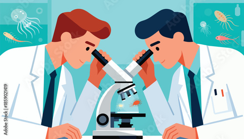 Two scientists examining microscopic organisms and aquatic life
