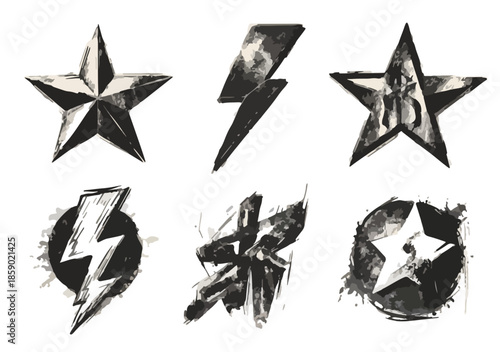 Sechs stilisierte Symbole mit Sternen und Blitzen, handgezeichnet im Grunge-Stil auf transparentem Hintergrund.