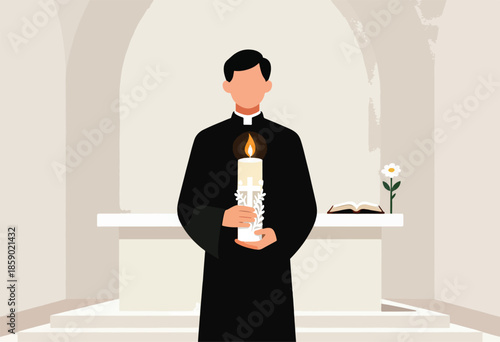 Clergy holding candle before altar with open book and flower