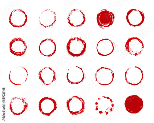 Eine Sammlung von 20 roten Kreisen und Ringen in verschiedenen Stilen auf transparentem Hintergrund.