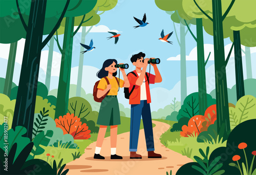 Duo observing birds with binoculars on forest path