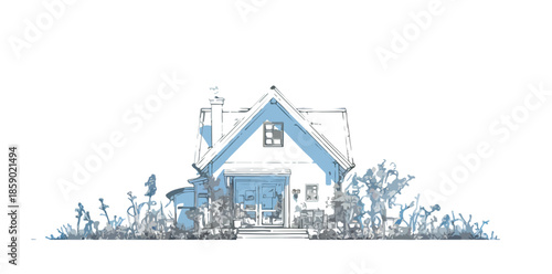 Einmaliges Aquarellhaus mit Garten und transparentem Hintergrund, ideal für Designprojekte