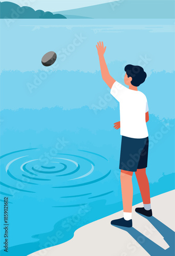 Young person skips a stone on calm water, creating ripples