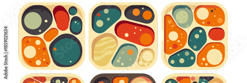 Abstrakte, bunte Formen auf Tabletts, die verschiedene Lebensmittel oder Elemente darstellen, transparent.