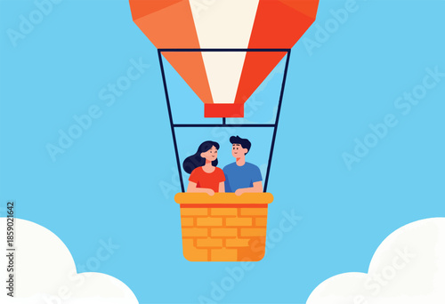 Couple in a hot air balloon basket against a blue sky with clouds