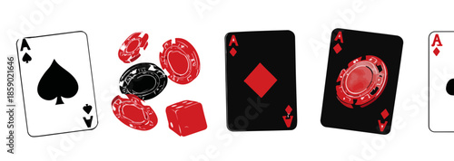 Spielkarten und Chips für Glücksspiel und Poker, isoliert auf weißem Hintergrund mit transparenter Wirkung.