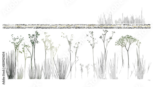 Abstrakte Darstellung verschiedener Gräser und Pflanzen mit transparentem Hintergrund, ideal für Design.