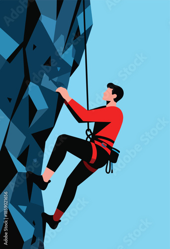 Climber in red shirt ascends a blue, geometric rock face against a light blue sky