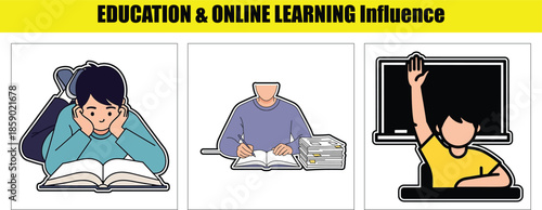 Students engaged in learning activities with books and blackboard education reading