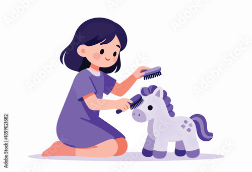 A girl brushes a toy horse