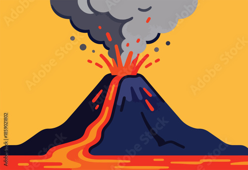 Stylized volcano erupting with smoke, lava, and glowing embers