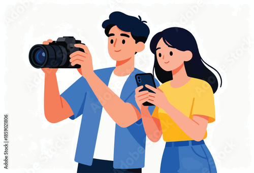 Young couple happily using a camera and smartphone