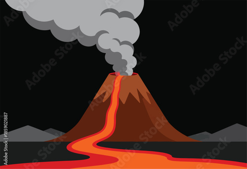 A stylized illustration of a volcano erupting with lava and smoke against a dark background