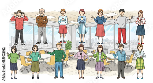 A group of people standing in a line with their arms outstretched in a team concept