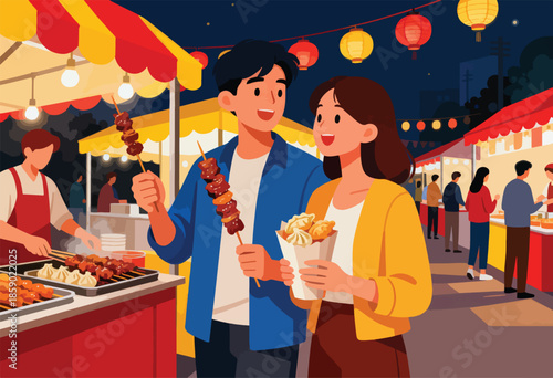 Couple enjoys street food at a vibrant night market, with skewers and dumplings