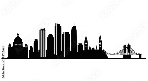 A black silhouette of a city skyline with a bridge on isolated