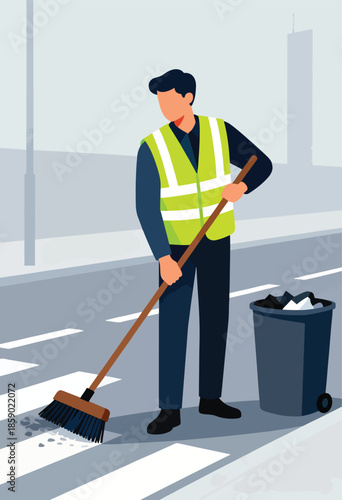 A person in a high-visibility vest sweeps debris on a street next to a trash can