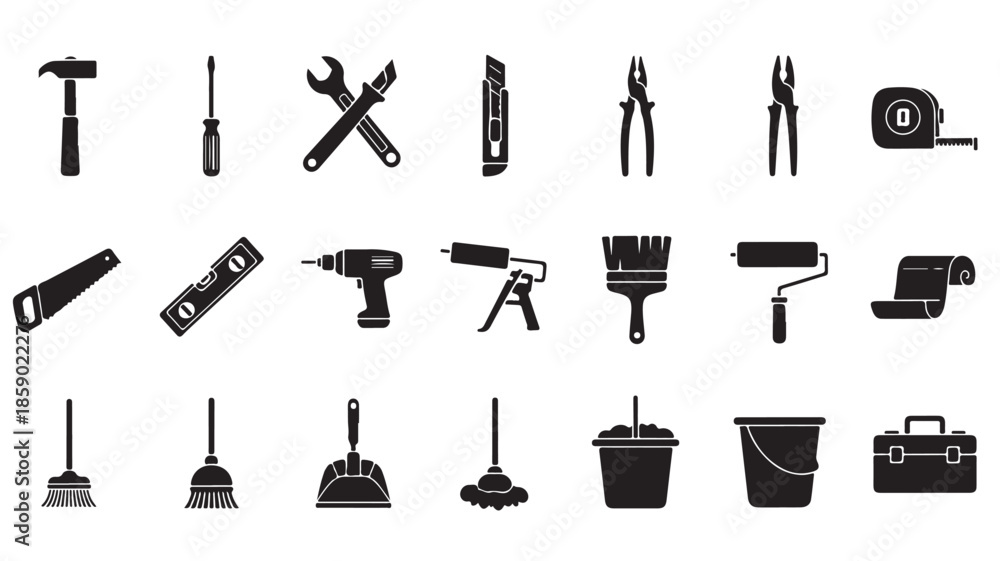 Obraz premium Cleaning and construction tools in minimalist black silhouettes on white background for graphic design