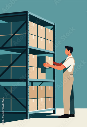 Person in overalls places boxes on a tall metal shelf in a warehouse