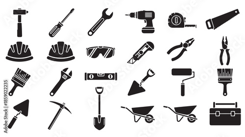 Set of black and white construction tools icons in modern minimalist style on white background for web design