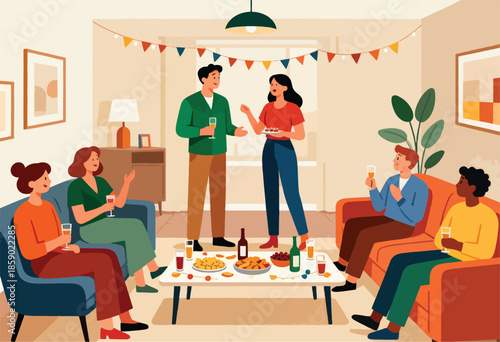 Friends enjoying a festive indoor gathering with drinks and snacks