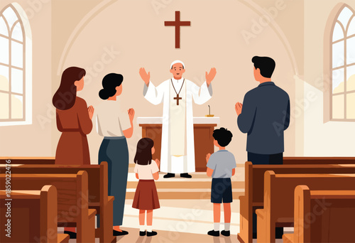 Religious service with a cleric leading a family in prayer within a church
