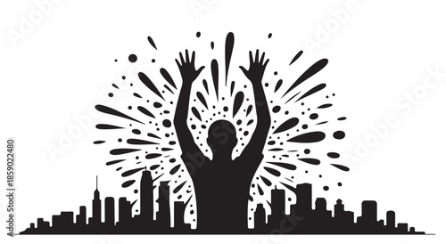 Man Raising Hands in City Skyline with Splash Effect
