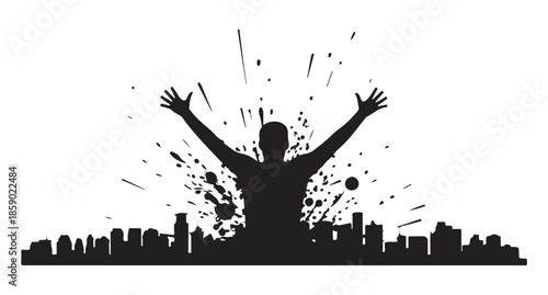 Man Celebrating with Arms Raised in City Skyline Silhouette