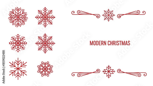 A collection of modern Christmas snowflakes and decorative elements in red on a white background