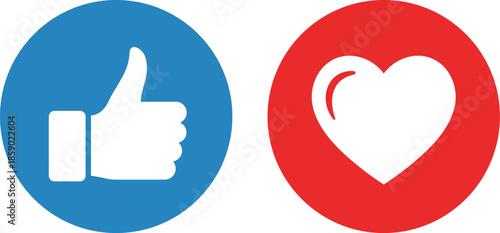 Blue circle with white thumbs up next to red circle with white heart social media like
