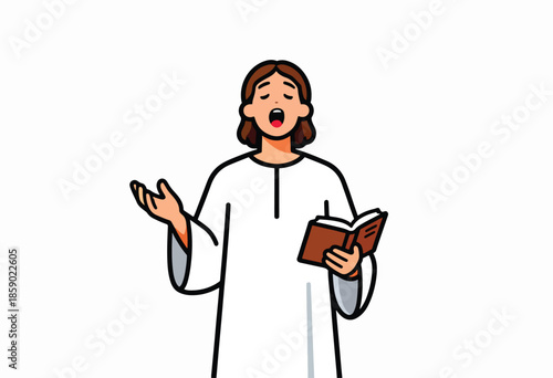 Person in white robe sings, holding open book