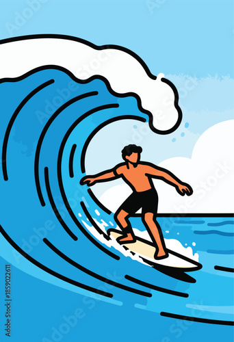 Minimalist surfer riding a large wave, bright blue water, white crest
