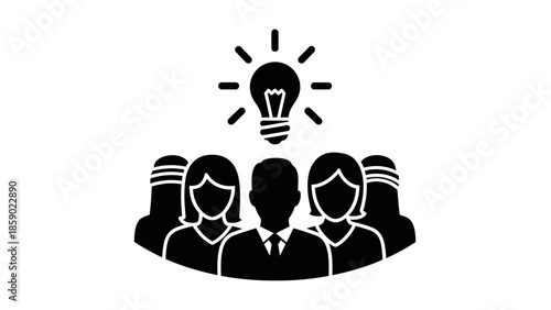 Team innovation and creative idea icon. Group of people with a glowing light bulb symbol.