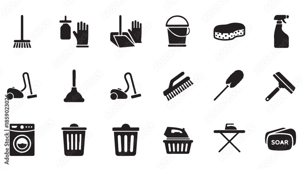 Obraz premium Cleaning Icons Set in Simple Flat Design with Black Color on White Background for Web and Mobile Applications
