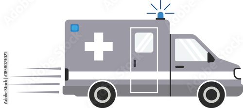 Gray ambulance vehicle with blue flashing light and white cross symbol emergency medical